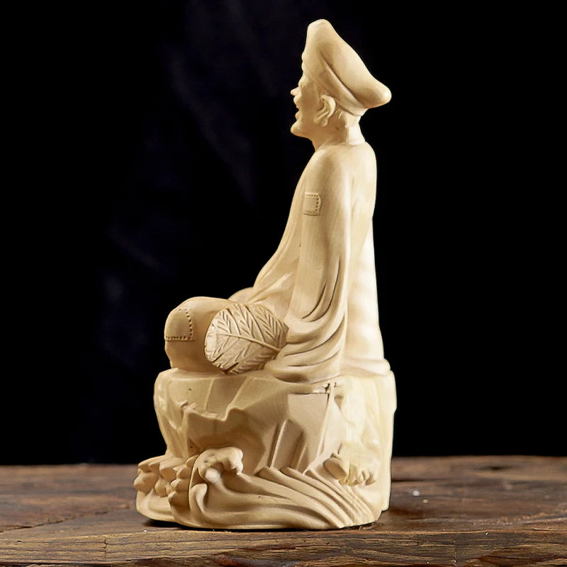 12cm Boxwood Jigong Buddha Statue Xianglong Luohan Feng Shui Monk Real Wood Sculpture Home Decor