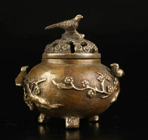 12cm Collection Old Brass Plum Flower Bird Lid Censer Incense Burner