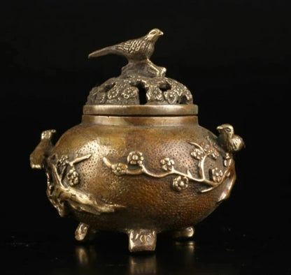 12cm Collection Old Brass Plum Flower Bird Lid Censer Incense Burner