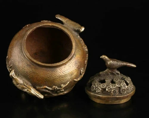 12cm Collection Old Brass Plum Flower Bird Lid Censer Incense Burner
