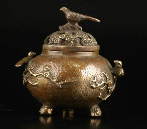 12cm Collection Old Brass Plum Flower Bird Lid Censer Incense Burner