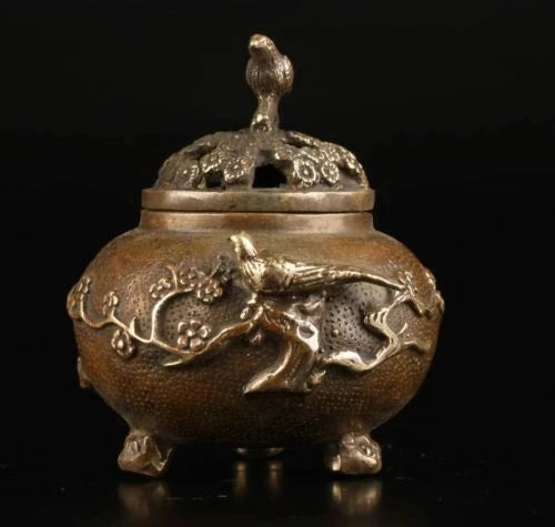 12cm Collection Old Brass Plum Flower Bird Lid Censer Incense Burner