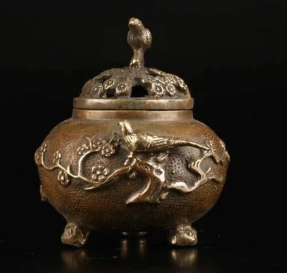12cm Collection Old Brass Plum Flower Bird Lid Censer Incense Burner