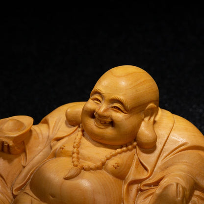 12cm Laugh Maitreya Gold Ingot Wood Statue Gifts Buddha Statue Laughing Buddha Statues Mini Home Decoration Collection Ornaments