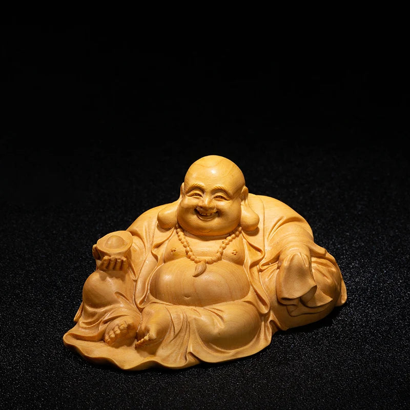 12cm Laugh Maitreya Gold Ingot Wood Statue Gifts Buddha Statue Laughing Buddha Statues Mini Home Decoration Collection Ornaments