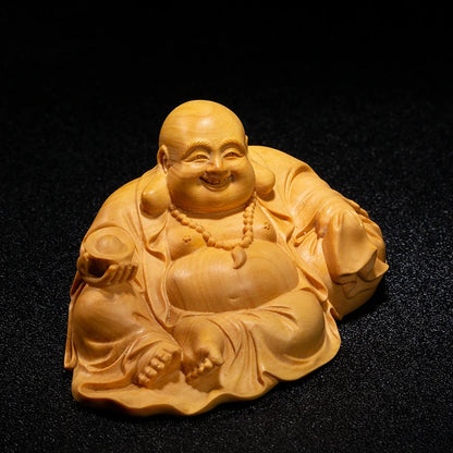 12cm Laugh Maitreya Gold Ingot Wood Statue Gifts Buddha Statue Laughing Buddha Statues Mini Home Decoration Collection Ornaments