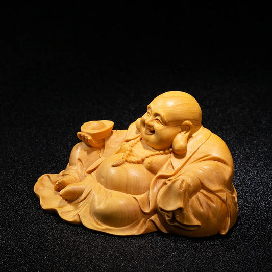 12cm Laugh Maitreya Gold Ingot Wood Statue Gifts Buddha Statue Laughing Buddha Statues Mini Home Decoration Collection Ornaments