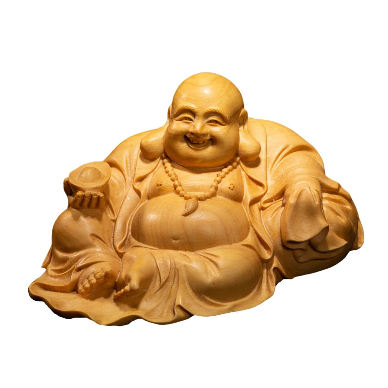 12cm Laugh Maitreya Gold Ingot Wood Statue Gifts Buddha Statue Laughing Buddha Statues Mini Home Decoration Collection Ornaments