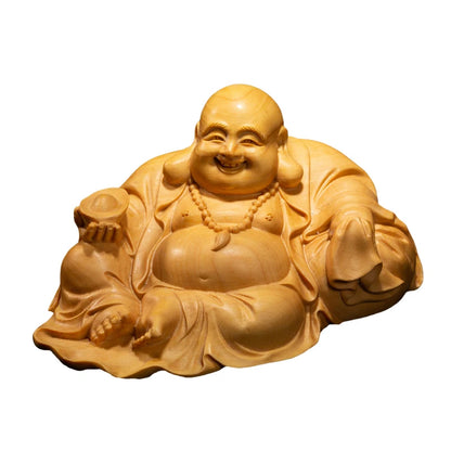 12cm Laugh Maitreya Gold Ingot Wood Statue Gifts Buddha Statue Laughing Buddha Statues Mini Home Decoration Collection Ornaments