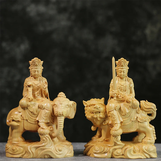 12cm Manjushri Buddha Boxwood Sculpture Solid Wood Buddha Statue Handicrafts Living Room Samantabhadra Bodhi-satta Home Decor