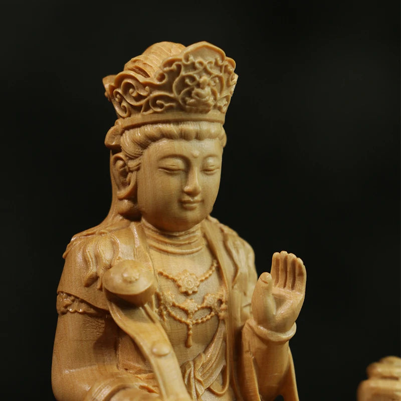 12cm Manjushri Buddha Boxwood Sculpture Solid Wood Buddha Statue Handicrafts Living Room Samantabhadra Bodhi-satta Home Decor