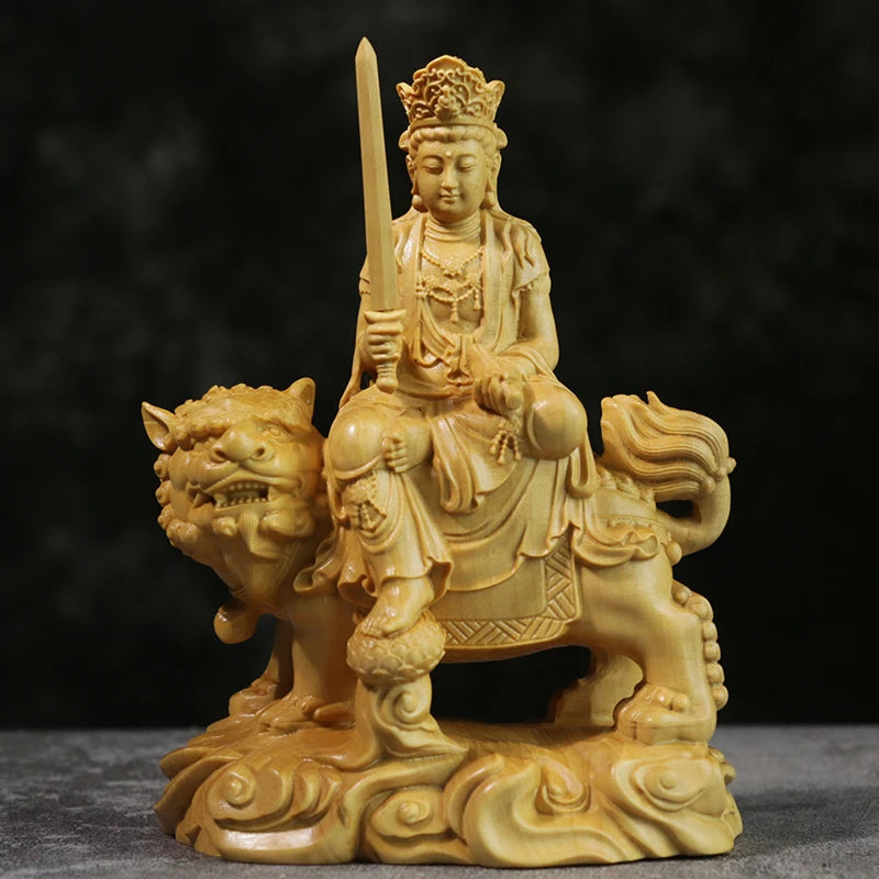 12cm Manjushri Buddha Boxwood Sculpture Solid Wood Buddha Statue Handicrafts Living Room Samantabhadra Bodhi-satta Home Decor