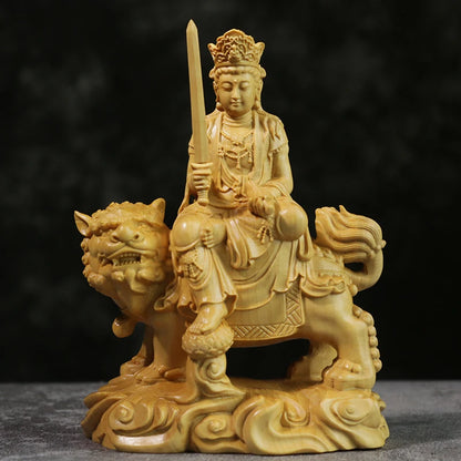 12cm Manjushri Buddha Boxwood Sculpture Solid Wood Buddha Statue Handicrafts Living Room Samantabhadra Bodhi-satta Home Decor