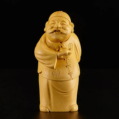 12cm Rich Man Sculpture Boxwood Lucky Statue Feng Shui Solid Wood Living room Decoration Home Decor