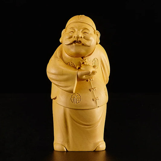 12cm Rich Man Sculpture Boxwood Lucky Statue Feng Shui Solid Wood Living room Decoration Home Decor