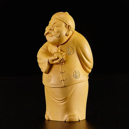 12cm Rich Man Sculpture Boxwood Lucky Statue Feng Shui Solid Wood Living room Decoration Home Decor