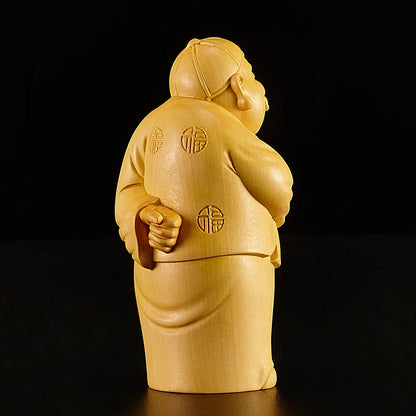 12cm Rich Man Sculpture Boxwood Lucky Statue Feng Shui Solid Wood Living room Decoration Home Decor
