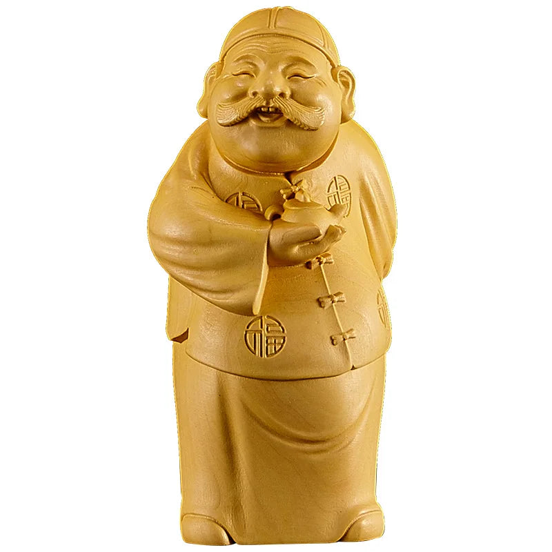 12cm Rich Man Sculpture Boxwood Lucky Statue Feng Shui Solid Wood Living room Decoration Home Decor