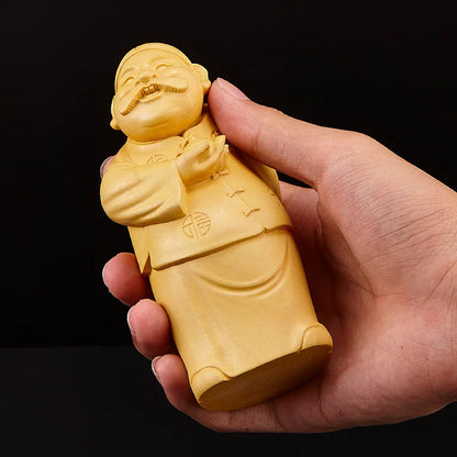 12cm Rich Man Sculpture Boxwood Lucky Statue Feng Shui Solid Wood Living room Decoration Home Decor