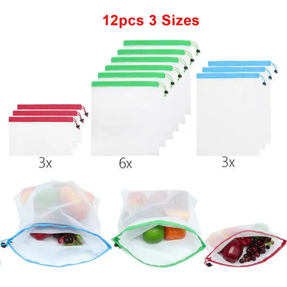 12pcs Eco Friendly Washable Mesh Produce Bags for Grocery Shopping Storage Reusable Fruit Vegetable Kitchen Storage