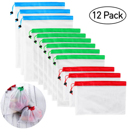 12pcs Eco Friendly Washable Mesh Produce Bags for Grocery Shopping Storage Reusable Fruit Vegetable Kitchen Storage