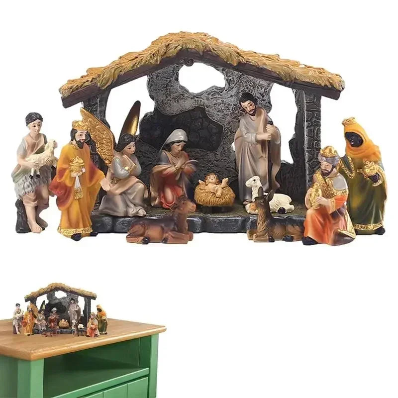 12pcs Set Christmas Manger Nativity Scen Real Life Nativity Figurines Jesus Crib Ornament Holy Family Christian Statue Decor