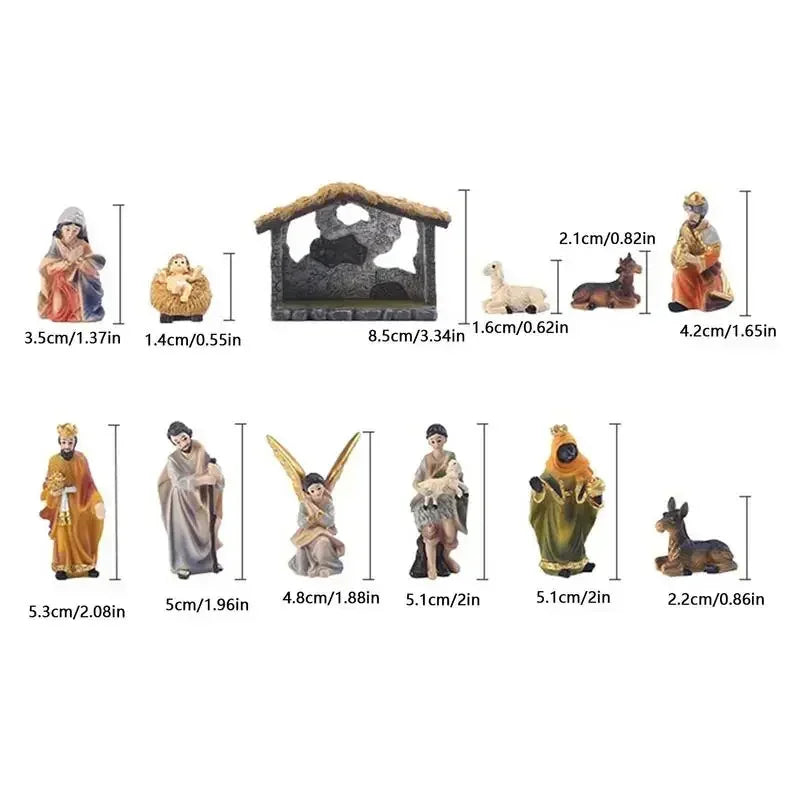 12pcs Set Christmas Manger Nativity Scen Real Life Nativity Figurines Jesus Crib Ornament Holy Family Christian Statue Decor