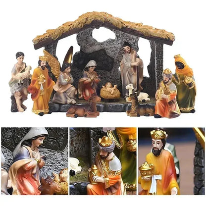 12pcs Set Christmas Manger Nativity Scen Real Life Nativity Figurines Jesus Crib Ornament Holy Family Christian Statue Decor
