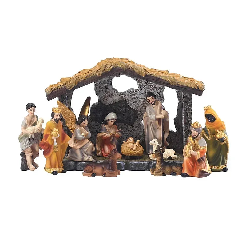 12pcs Set Christmas Manger Nativity Scen Real Life Nativity Figurines Jesus Crib Ornament Holy Family Christian Statue Decor