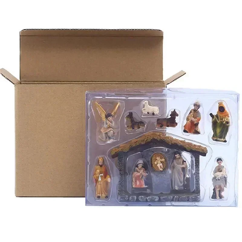 12pcs Set Christmas Manger Nativity Scen Real Life Nativity Figurines Jesus Crib Ornament Holy Family Christian Statue Decor