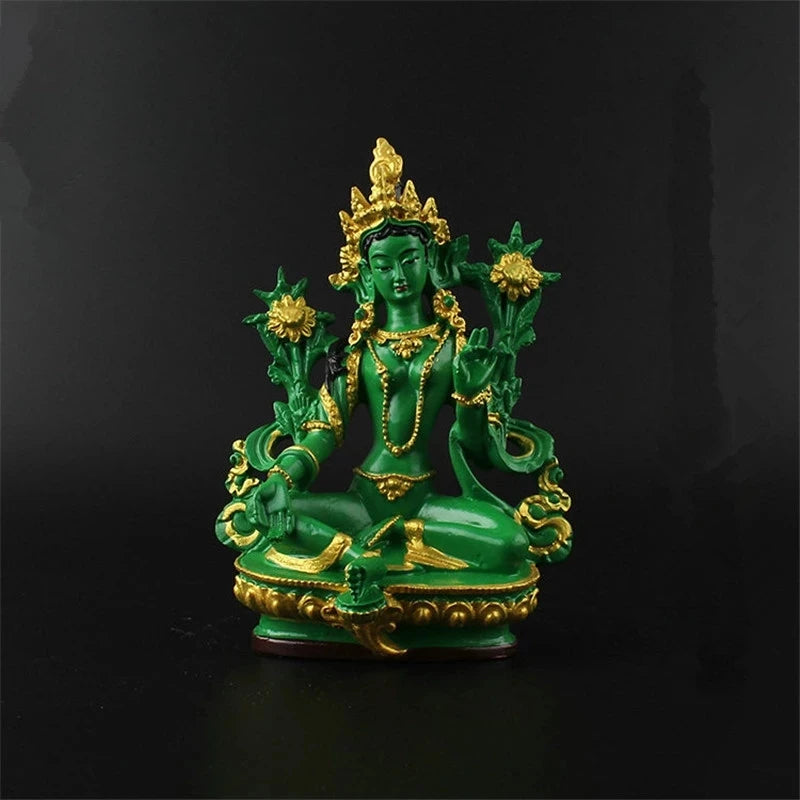 13.5cm Resin Colored Painted Talisman Efficacious Family Protection Nepal/Tibetan/Indian Green Tara Bodhisattva Buddha Statue