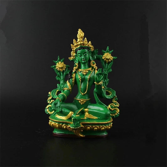13.5cm Resin Colored Painted Talisman Efficacious Family Protection Nepal/Tibetan/Indian Green Tara Bodhisattva Buddha Statue