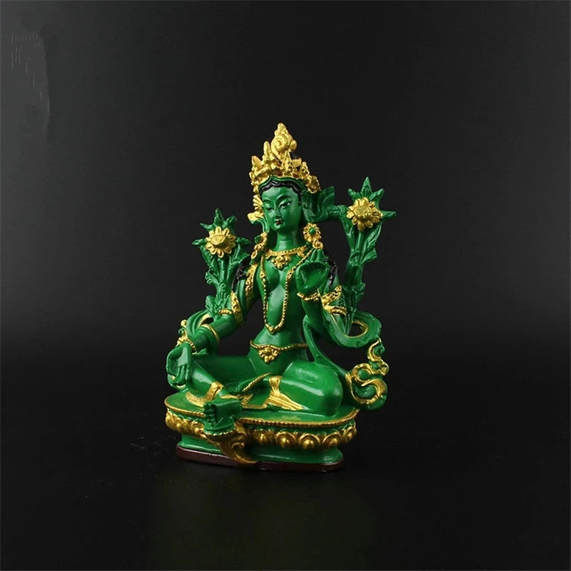 13.5cm Resin Colored Painted Talisman Efficacious Family Protection Nepal/Tibetan/Indian Green Tara Bodhisattva Buddha Statue