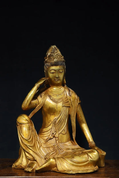 13"Tibet Temple Collection Old Bronze Cinnabar Gilded moon in the water Guanyin Sitting Buddha Worship Hall Town house Exorcism