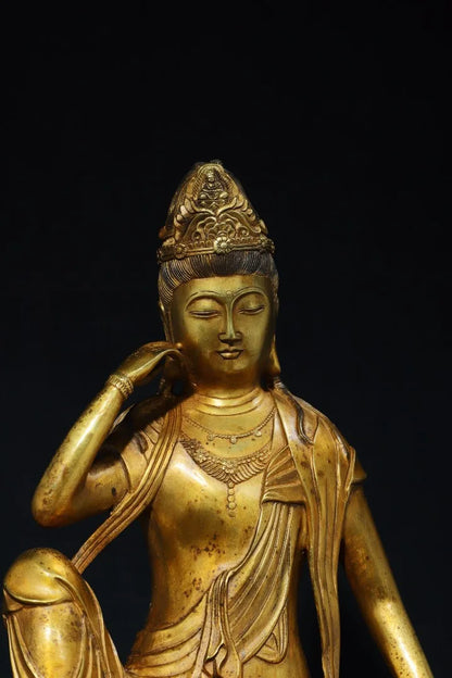 13"Tibet Temple Collection Old Bronze Cinnabar Gilded moon in the water Guanyin Sitting Buddha Worship Hall Town house Exorcism
