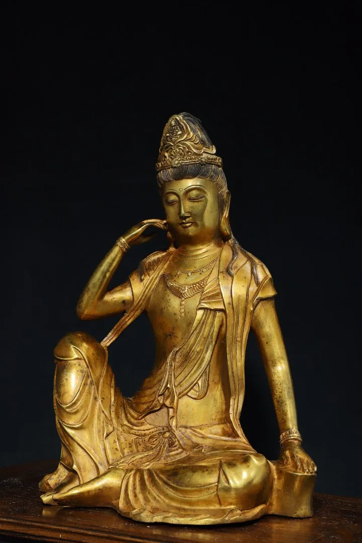 13"Tibet Temple Collection Old Bronze Cinnabar Gilded moon in the water Guanyin Sitting Buddha Worship Hall Town house Exorcism