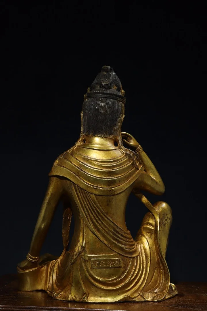 13"Tibet Temple Collection Old Bronze Cinnabar Gilded moon in the water Guanyin Sitting Buddha Worship Hall Town house Exorcism
