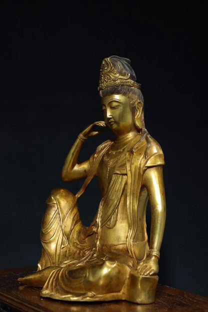 13"Tibet Temple Collection Old Bronze Cinnabar Gilded moon in the water Guanyin Sitting Buddha Worship Hall Town house Exorcism