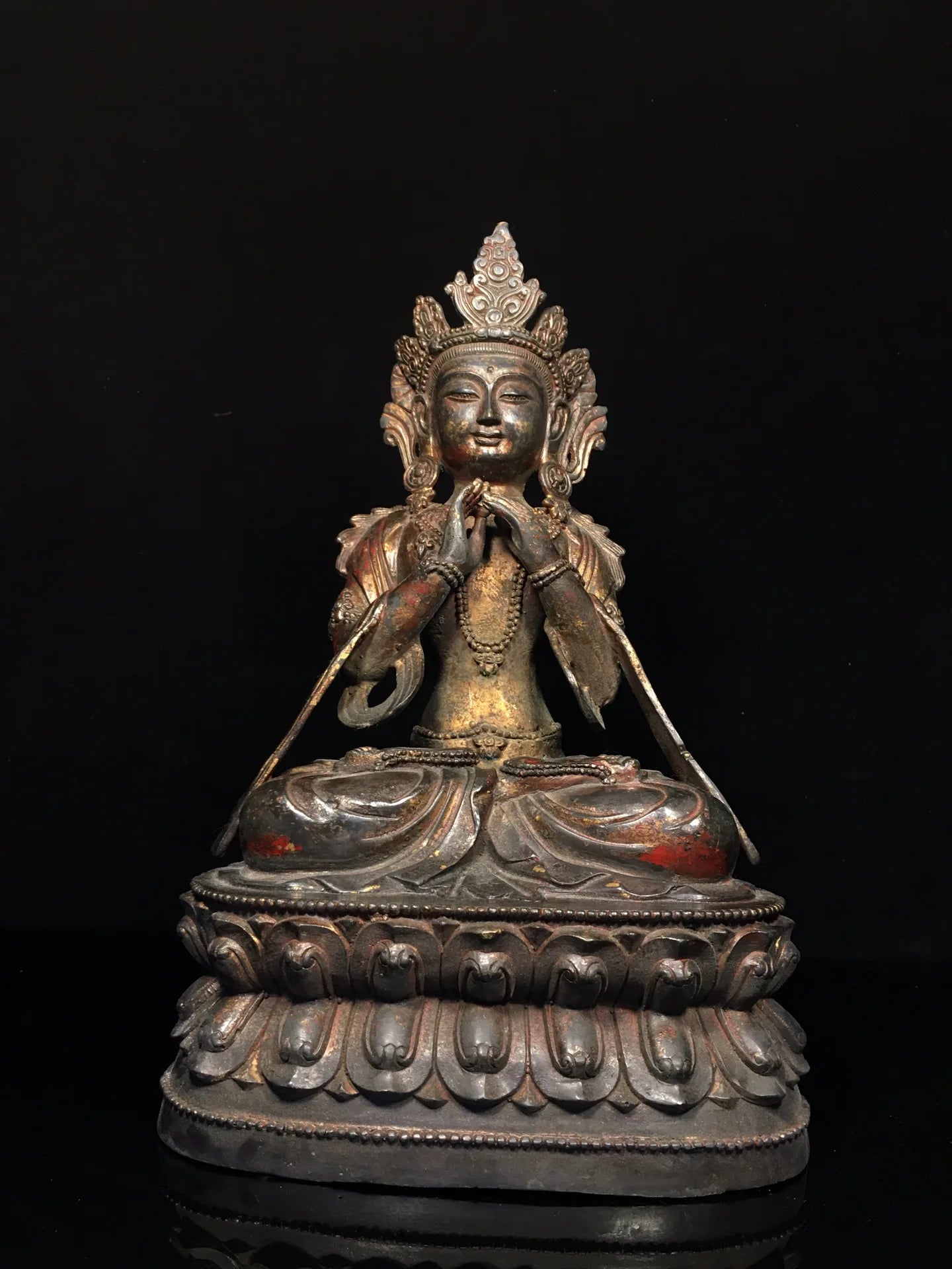 13"Tibet Temple Collection Old Bronze Cinnabar Mud gold Northern Wei Buddha Void Bodhisattva Worship Hall Town house