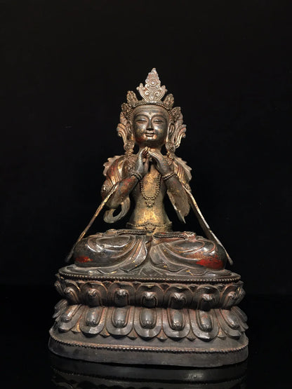 13"Tibet Temple Collection Old Bronze Cinnabar Mud gold Northern Wei Buddha Void Bodhisattva Worship Hall Town house