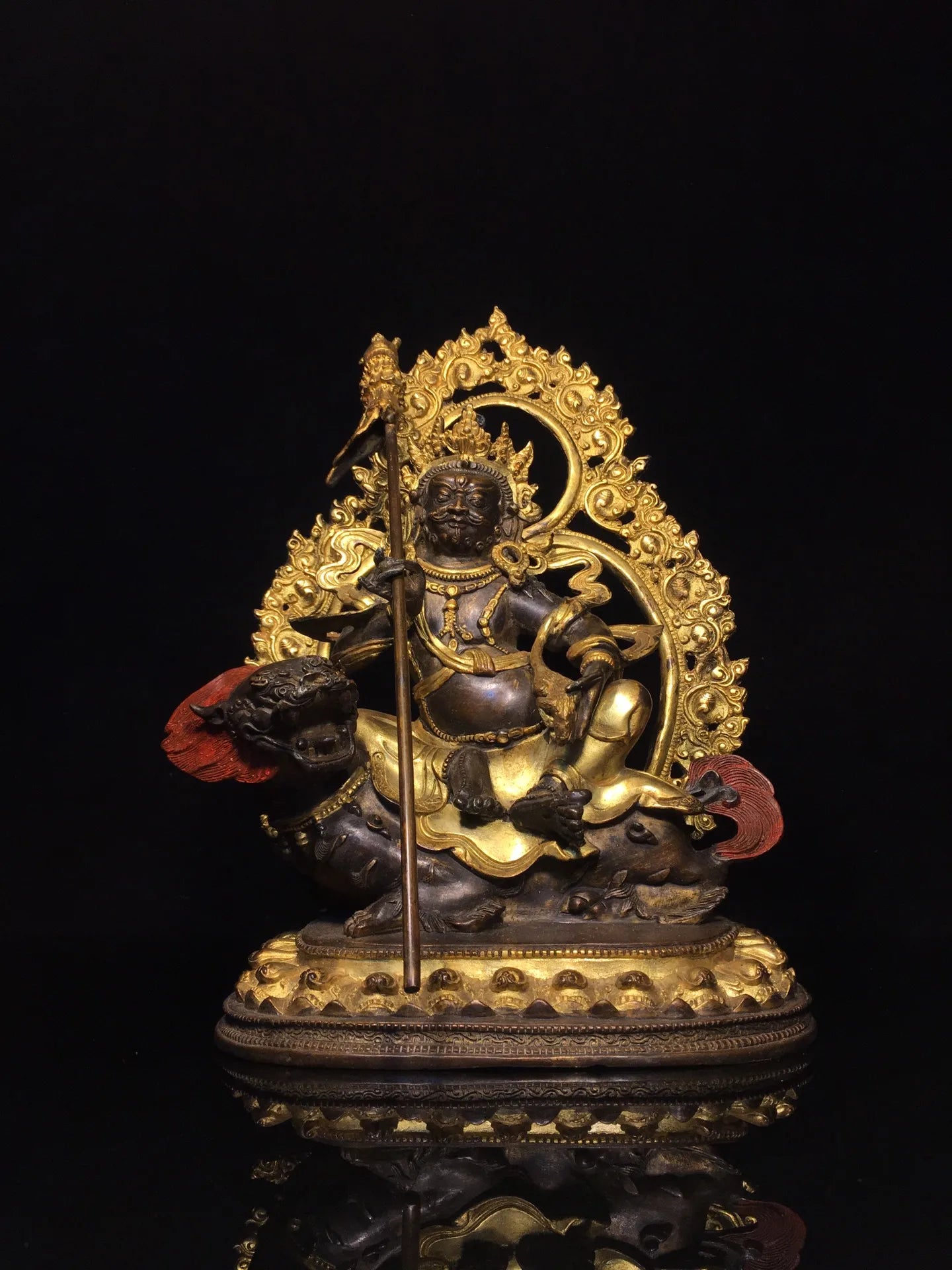 13"Tibet Temple Collection Old Bronze Cinnabar Mud gold Vaisravana Backlight Mythical Animals Lotus Platform Worship Hall