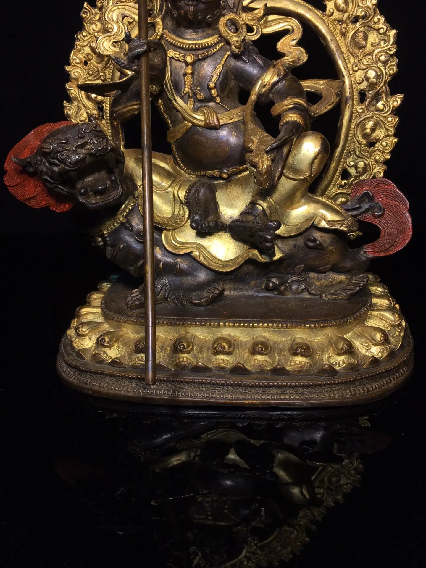 13"Tibet Temple Collection Old Bronze Cinnabar Mud gold Vaisravana Backlight Mythical Animals Lotus Platform Worship Hall