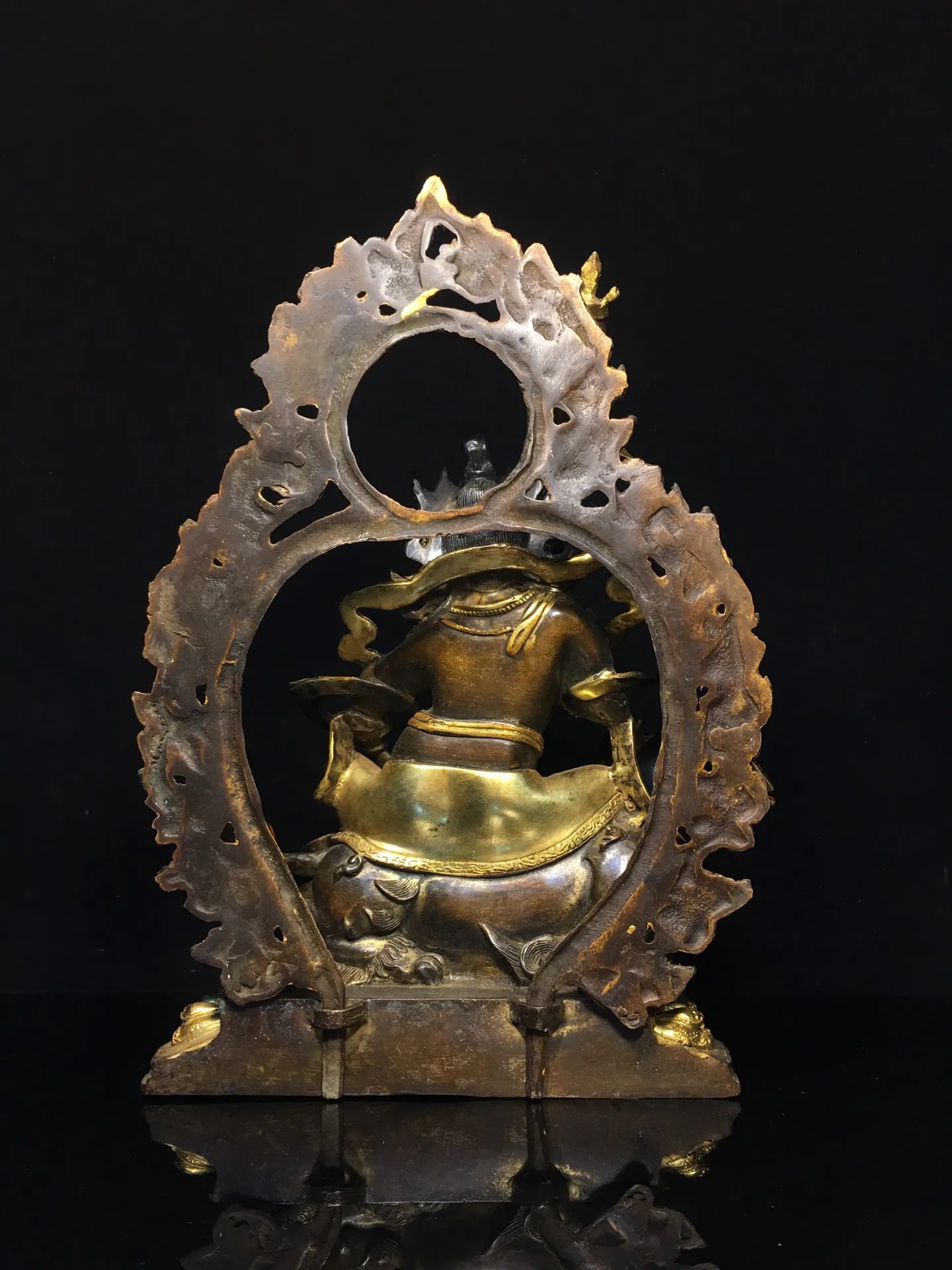 13"Tibet Temple Collection Old Bronze Cinnabar Mud gold Vaisravana Backlight Mythical Animals Lotus Platform Worship Hall