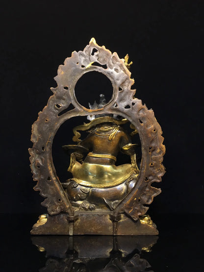 13"Tibet Temple Collection Old Bronze Cinnabar Mud gold Vaisravana Backlight Mythical Animals Lotus Platform Worship Hall