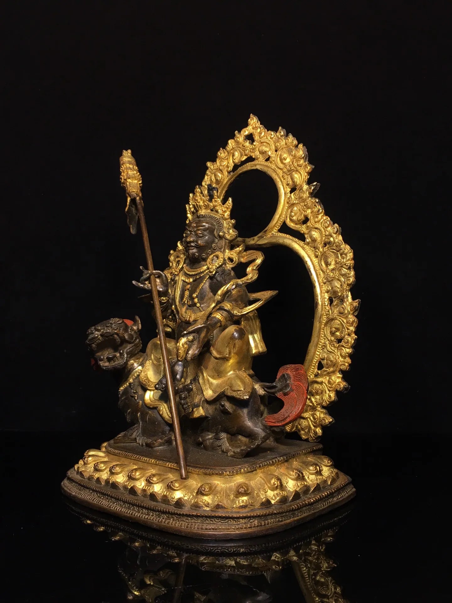13"Tibet Temple Collection Old Bronze Cinnabar Mud gold Vaisravana Backlight Mythical Animals Lotus Platform Worship Hall