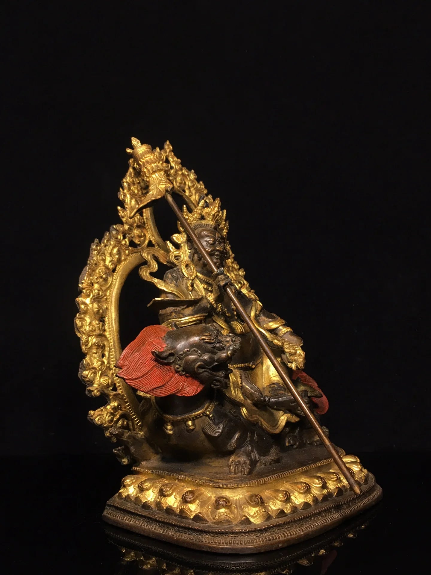 13"Tibet Temple Collection Old Bronze Cinnabar Mud gold Vaisravana Backlight Mythical Animals Lotus Platform Worship Hall