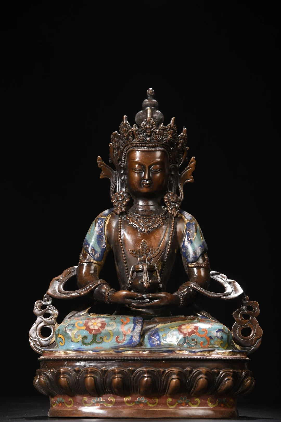 13"Tibet Temple Collection Old Bronze Cloisonne Enamel Amitabha Buddha Amitayus Longevity Buddha Worship Hall Town house
