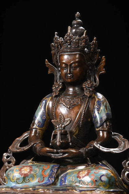 13"Tibet Temple Collection Old Bronze Cloisonne Enamel Amitabha Buddha Amitayus Longevity Buddha Worship Hall Town house