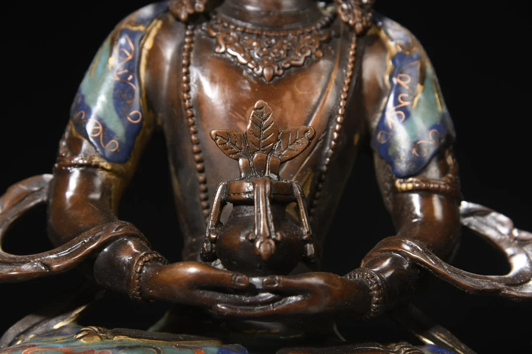 13"Tibet Temple Collection Old Bronze Cloisonne Enamel Amitabha Buddha Amitayus Longevity Buddha Worship Hall Town house