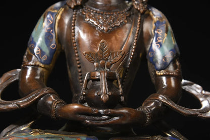 13"Tibet Temple Collection Old Bronze Cloisonne Enamel Amitabha Buddha Amitayus Longevity Buddha Worship Hall Town house